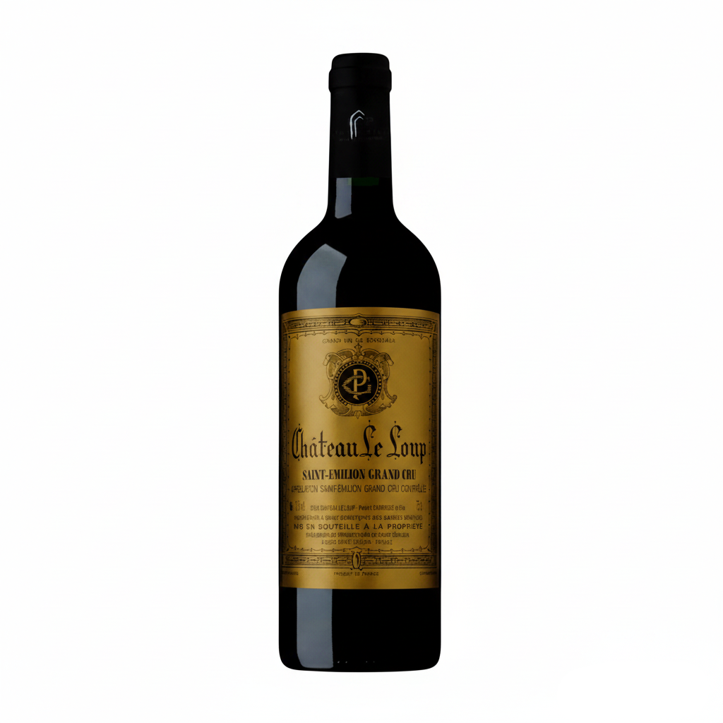 Chateau Le Loup Saint-Emilion Grand Cru wine bottle with label, showcasing the elegant design of this Bordeaux red wine.