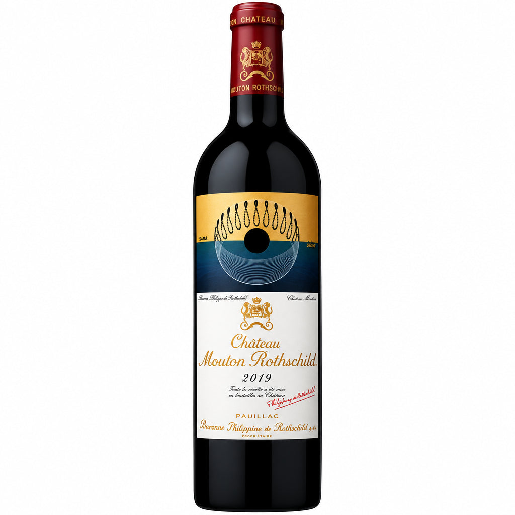 Bottle of Chateau Mouton Rothschild 2019 red wine with label visible, showcasing elegant glass bottle and wine's deep color.