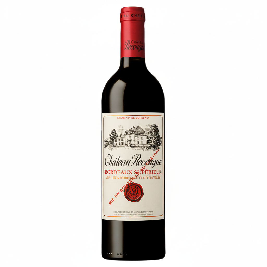Chateau Recougne 5L wine bottle with label featuring classic design and branding, displayed upright on a neutral background.