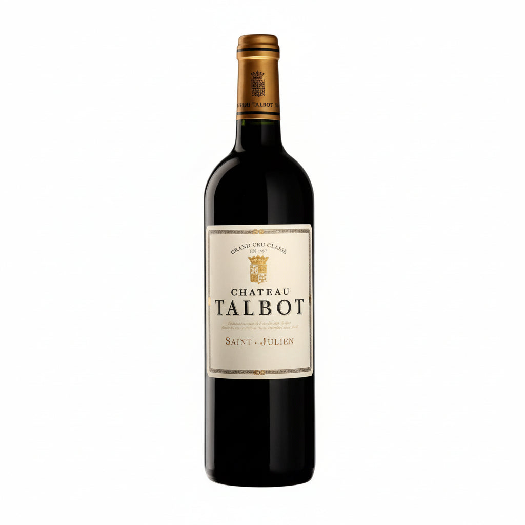 Bottle of Chateau Talbot 2016 red wine with a classic label, featuring a dark glass bottle and elegant wine label design.