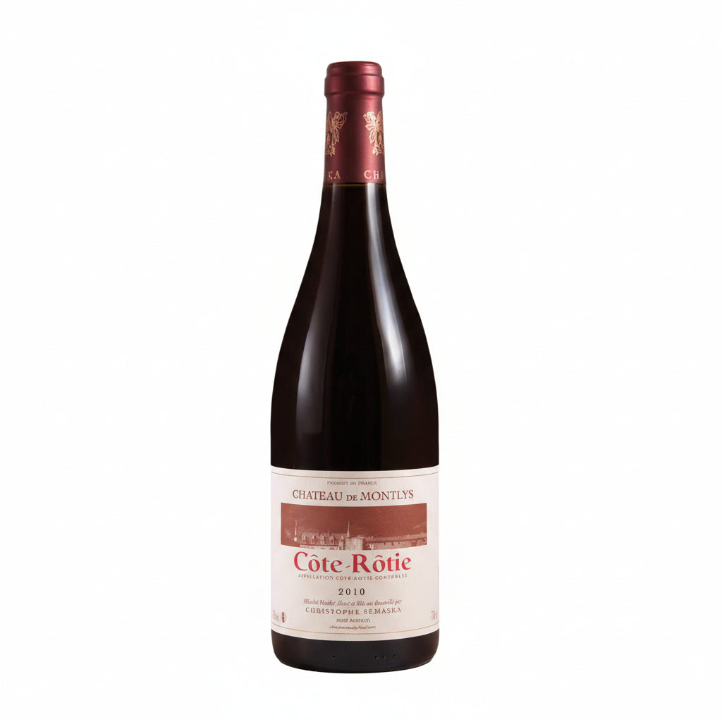 Bottle of Christophe Semaska Chateau de Montlys Cote-Rotie 2014 red wine with label visible in a clear glass bottle.