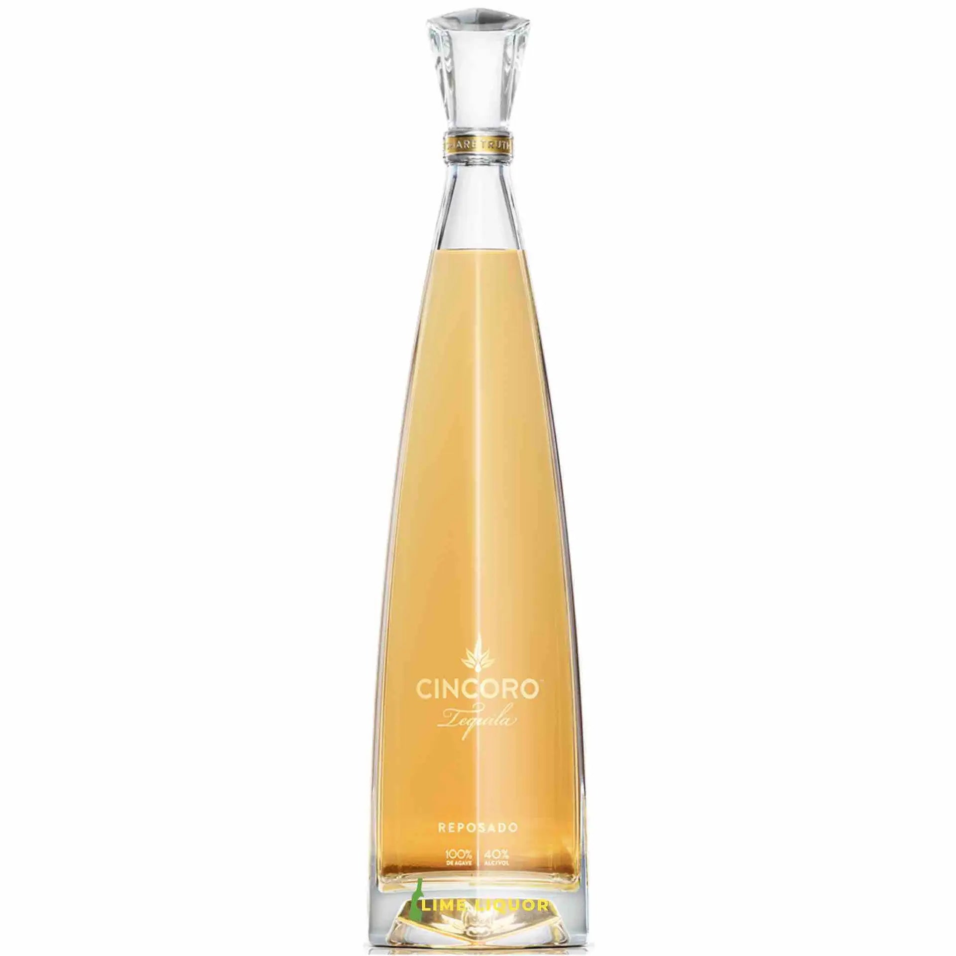 Buy Cincoro Reposado 750mL, premium tequila in a tall, clear bottle with gold liquid
