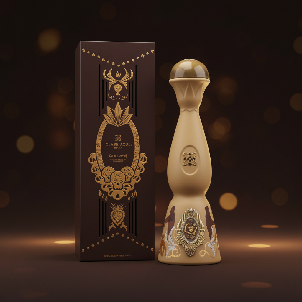 A luxury bottle of Clase Azul tea with its matching dark brown box, both decorated with intricate gold and silver filigree patterns, set against a dark background with warm golden bokeh lights.