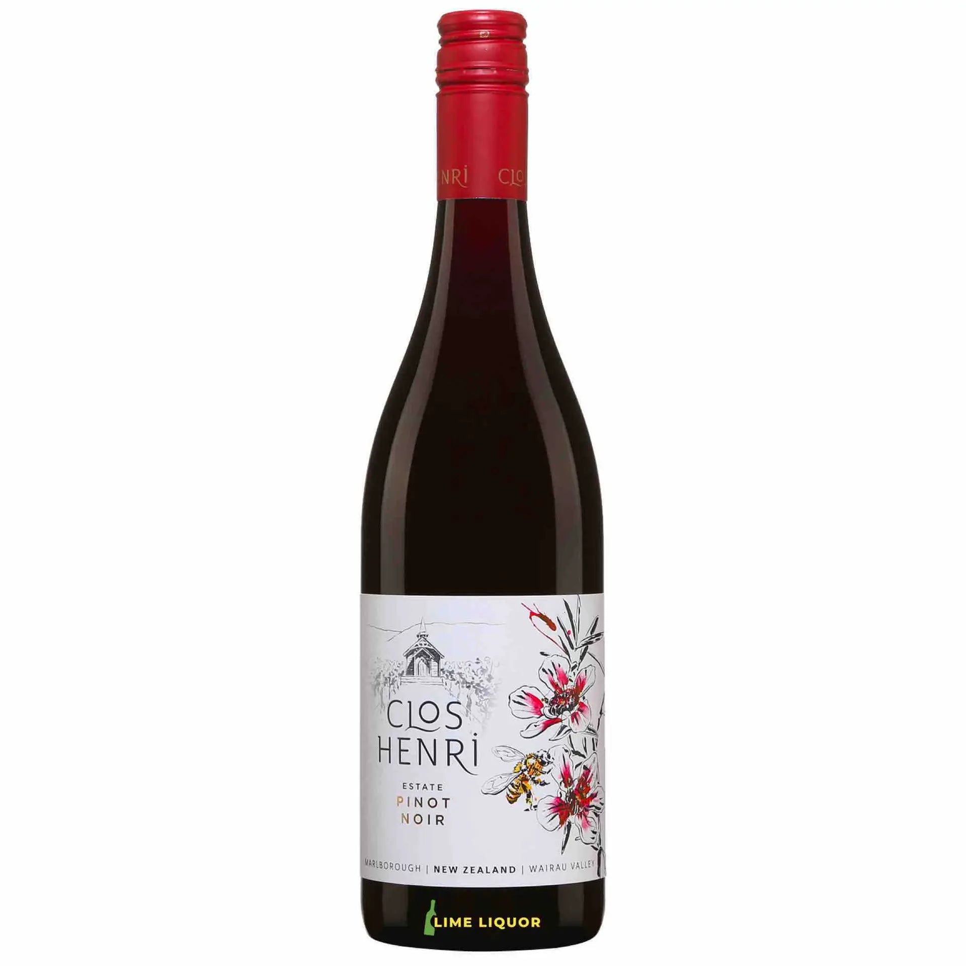 Buy Clos Henri Estate Pinot Noir 750mL red wine bottle with floral label and red cap