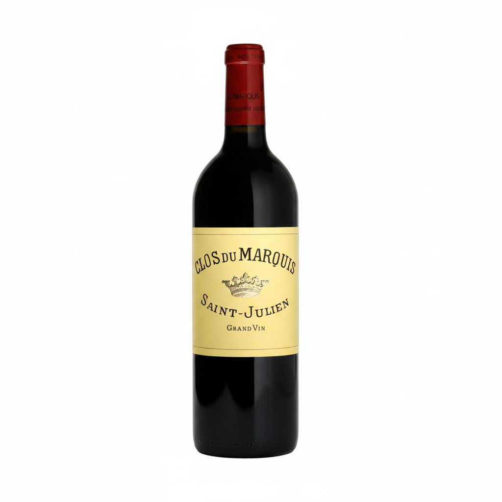 Bottle of Clos Du Marquis 2016 red wine with label visible, showcasing a rich wine from the Clos brand in a dark glass bottle.