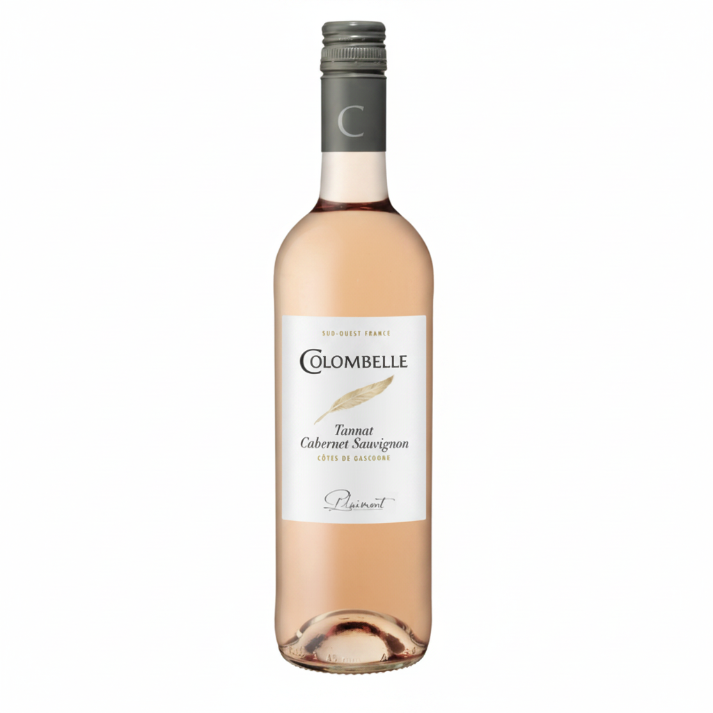 A bottle of Colombelle Cotes De Gascone Rose wine with a pink label and a glass of rosé wine beside it.