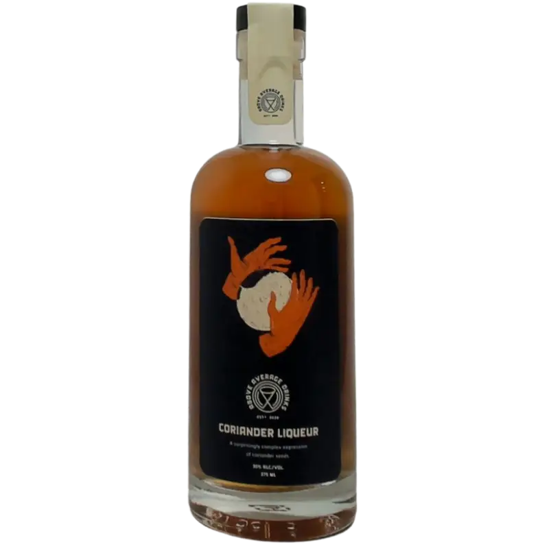 Buy Coriander Liqueur 375mL, brown spirit bottle with black label and orange hands design