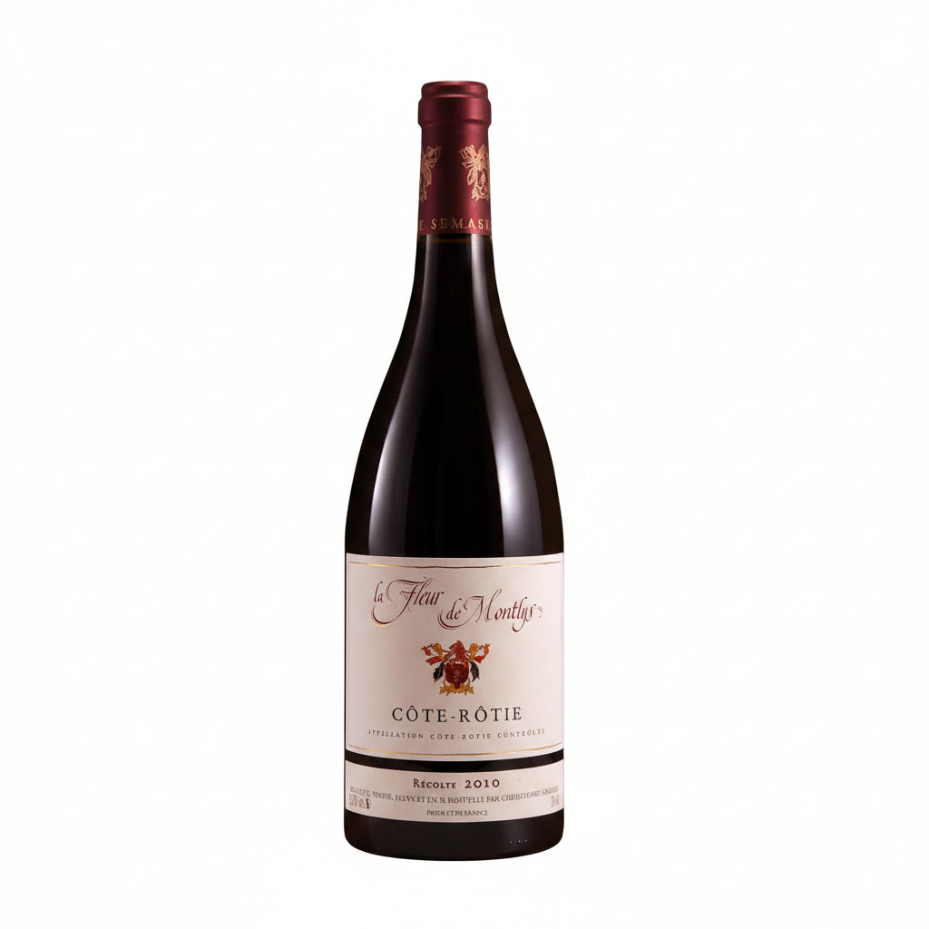 Bottle of Cote Rotie Fleur De Montlys 2013 red wine from the Cote brand, showcasing the elegant wine label and dark glass bottle.