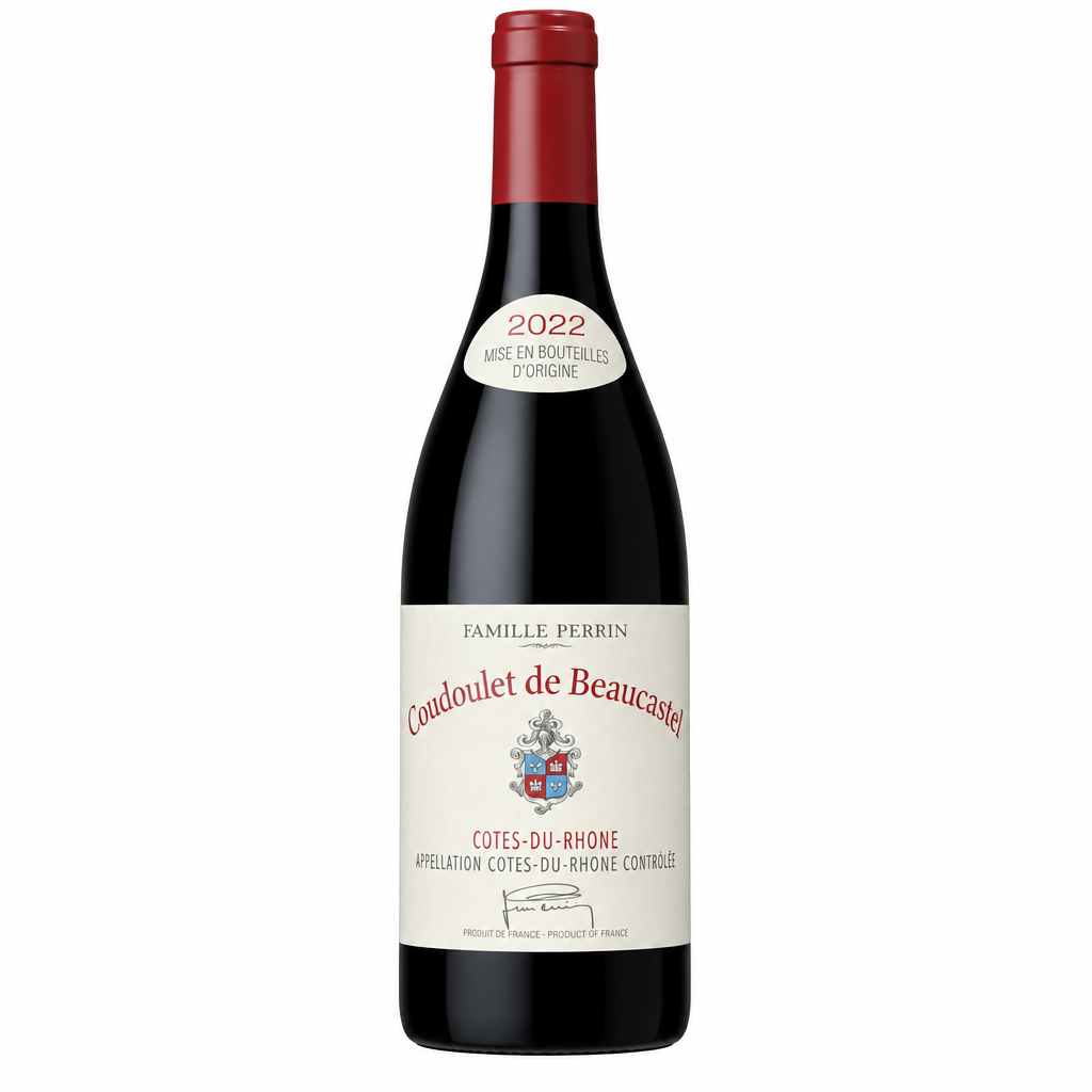 Bottle of Chateau de Beaucastel Perrin Coudoulet Rouge 2022 wine with label visible and dark glass bottle.