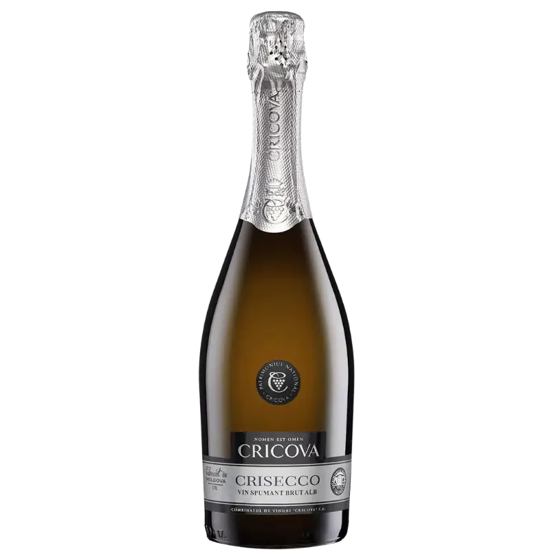 Buy Cricova Crisecco, a sparkling brut white wine in a dark bottle with silver foil.