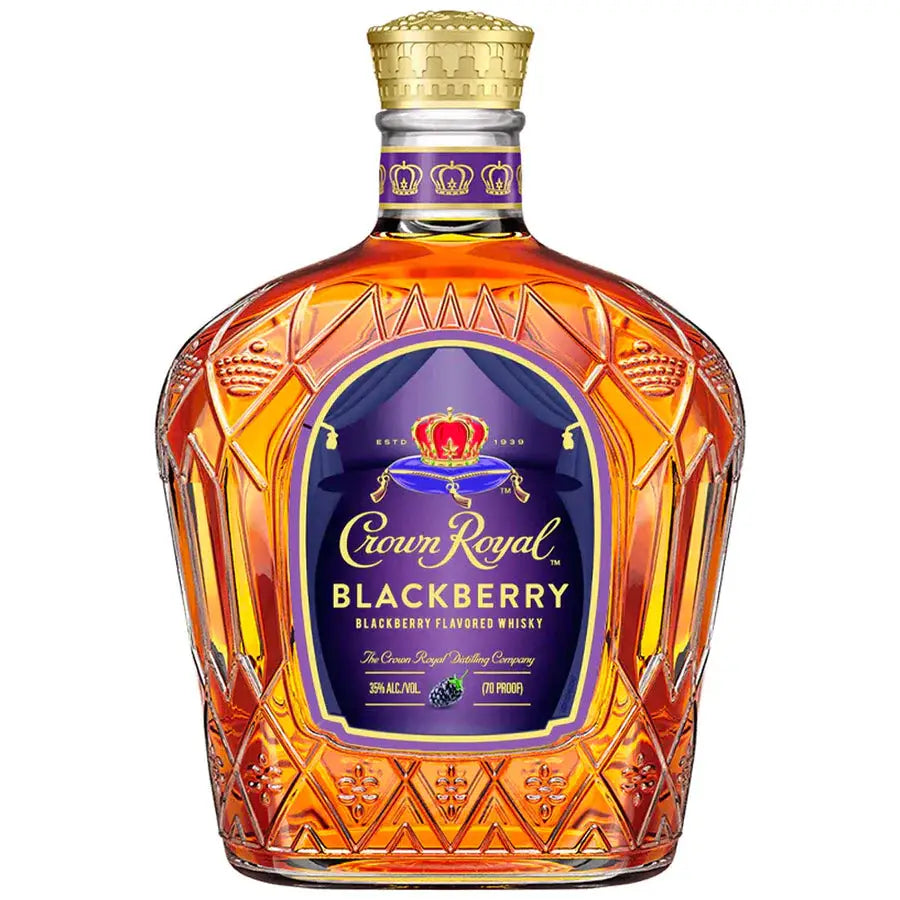 Buy Crown Royal Blackberry flavored whisky in a clear, decorative glass bottle.