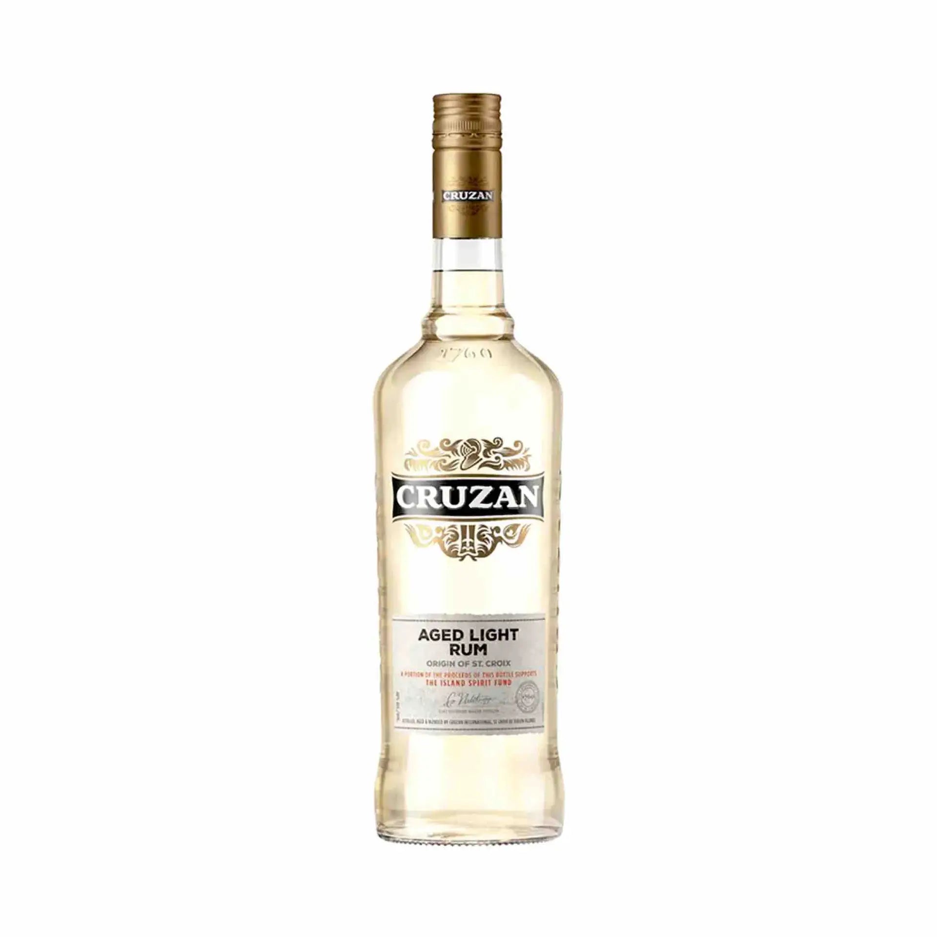 Buy Cruzan 2 Year Old Light Rum 750mL, clear rum bottle with gold cap on white background