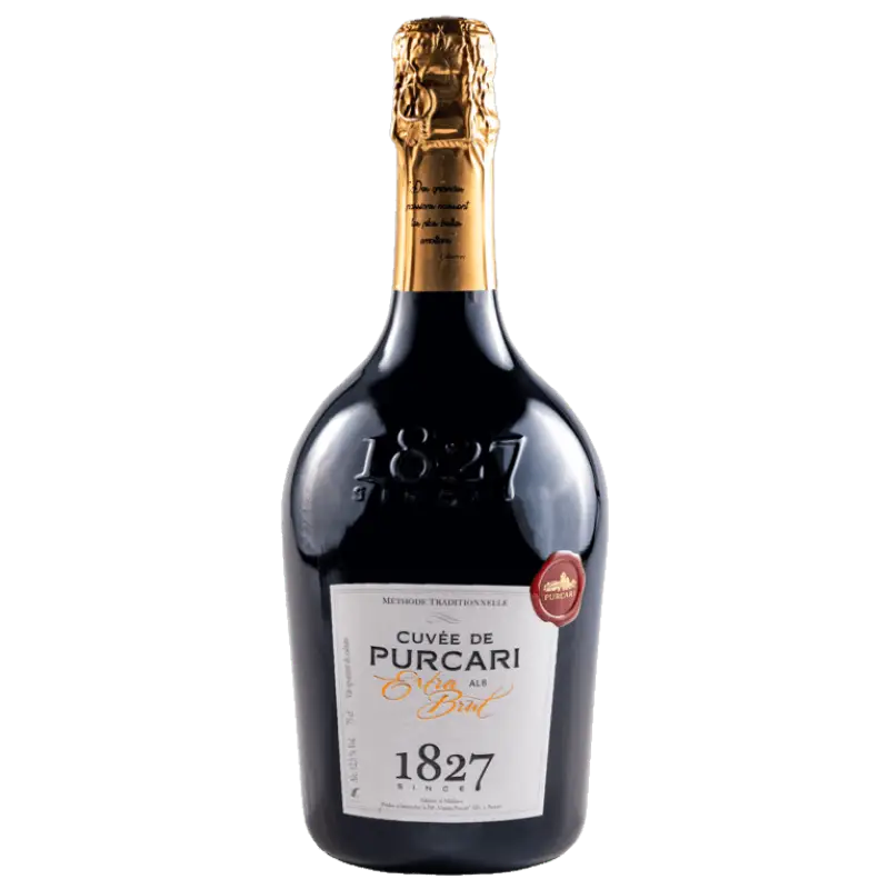 Buy Cuvee De Purcari White Extra Brut 750mL sparkling wine, elegant bottle with gold foil