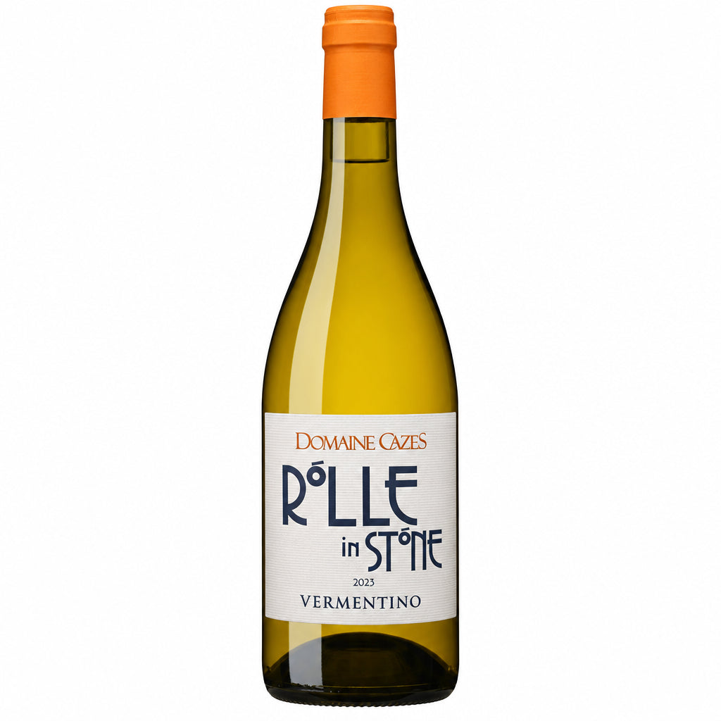Bottle of Domaine Maison Cazes Rolle in stone wine from 2023, showcasing the label and clear glass with golden wine inside.