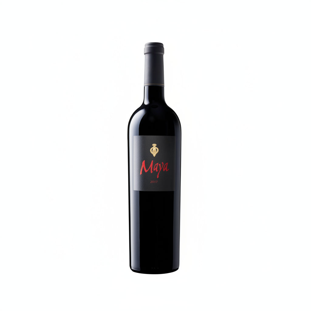 Dalla Valle Maya 750mL wine bottle with label featuring elegant design and gold accents, standing upright on a neutral background.