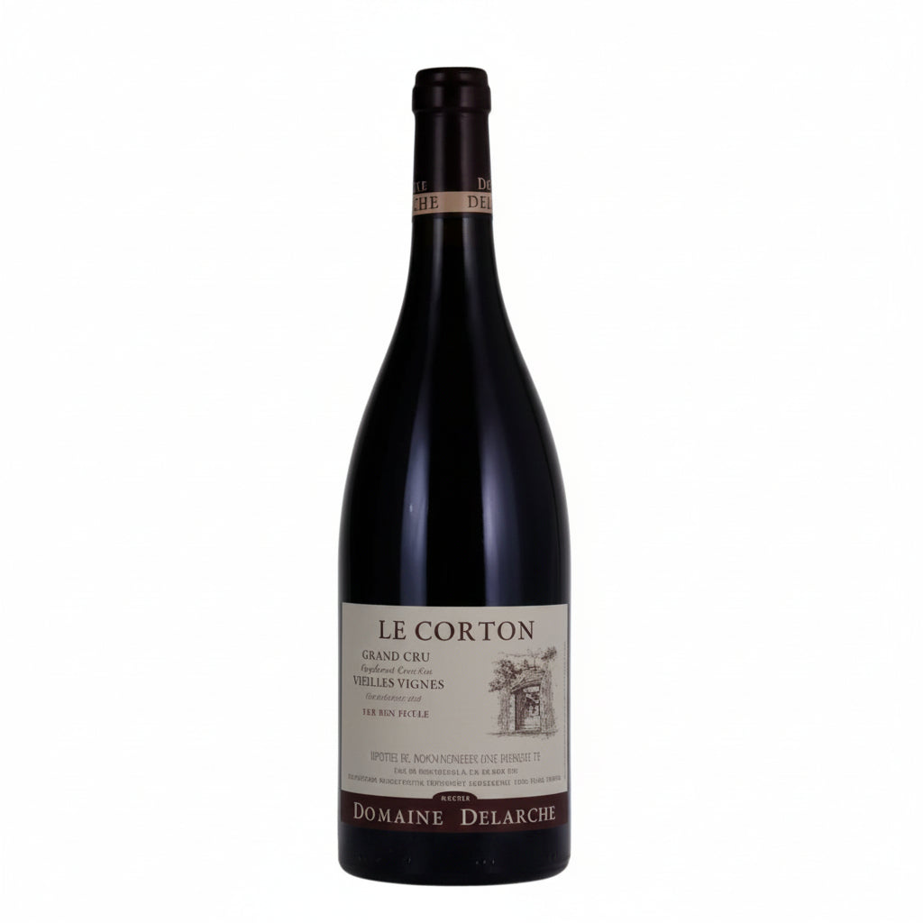 Bottle of Delarche Le Corton red wine with a deep glass and label, showcasing a premium Burgundy wine from the Delarche brand.