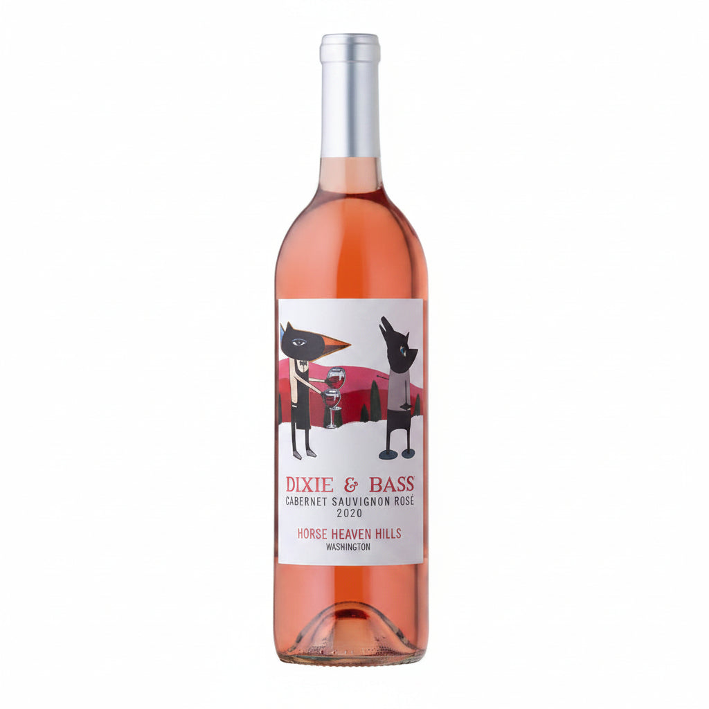 Bottle of Dixie & Bass Rose wine, 750mL, with a clear label and elegant glass bottle, showcasing the floral pink wine inside.