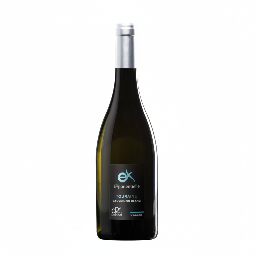 Bright image of a Sauvignon Bio Exponentielle Sauvignon Blanc wine bottle from Domaine Delobel, showcasing the label and bottle details.