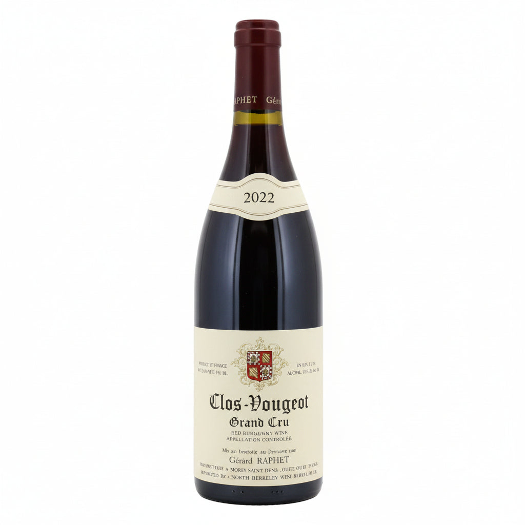 Domaine Gerard Raphet Clos De Vougeot Grand Cru wine bottle with label and cork, showcasing elegant packaging and rich red wine color.