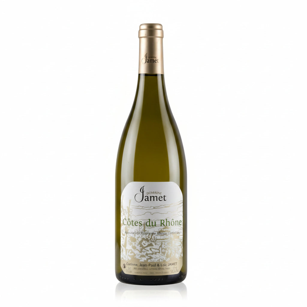 Domaine Jamet Cotes Du Rhone Blanc wine bottle with label and cork, showcasing a white wine from the French Rhône region.