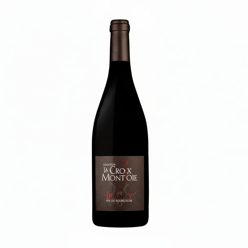 Bottle of Domaine La Croix Montjoie Irancy Pinot Noir wine with a classic label and dark glass bottle.