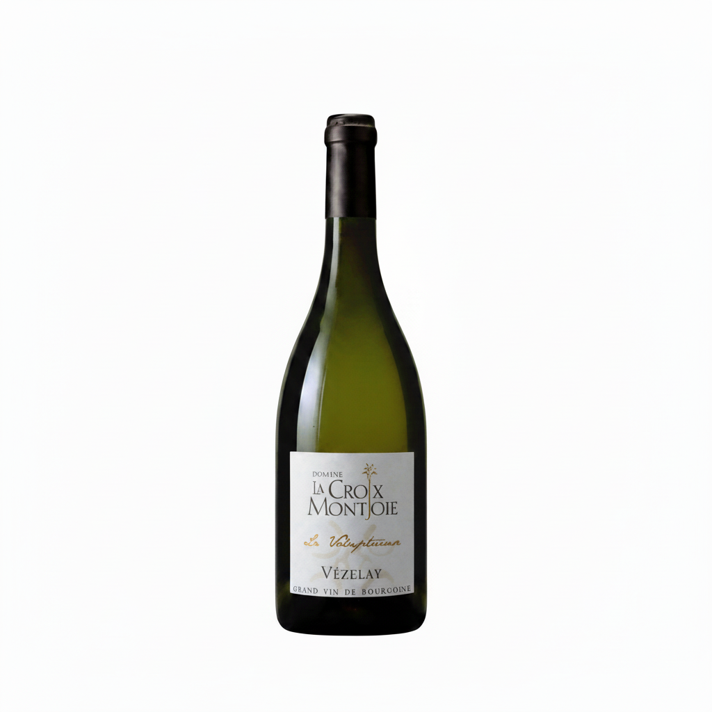 Domaine La Croix Montjoie Vezelay La Voluptueuse wine bottle with label featuring elegant design and vineyard imagery.