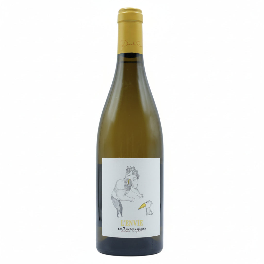 Glass of Domaine Les Bruyeres Marsanne white wine in a clear glass with a golden hue, on a neutral background.