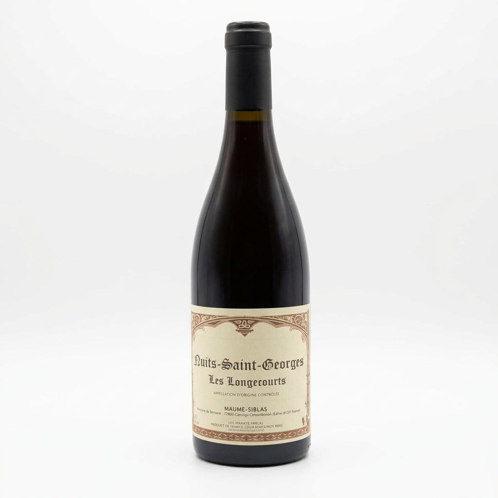 Bottle of Domaine Maume-Siblas Nuits Saint Georges Les Longecourts wine in a clear glass with a dark red hue.