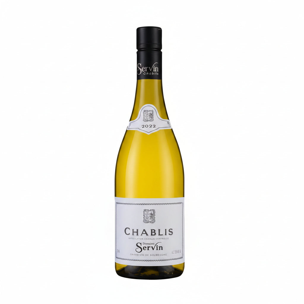 Bottle of Domaine Servin Chablis Les Pargues wine with a label, set against a neutral background.