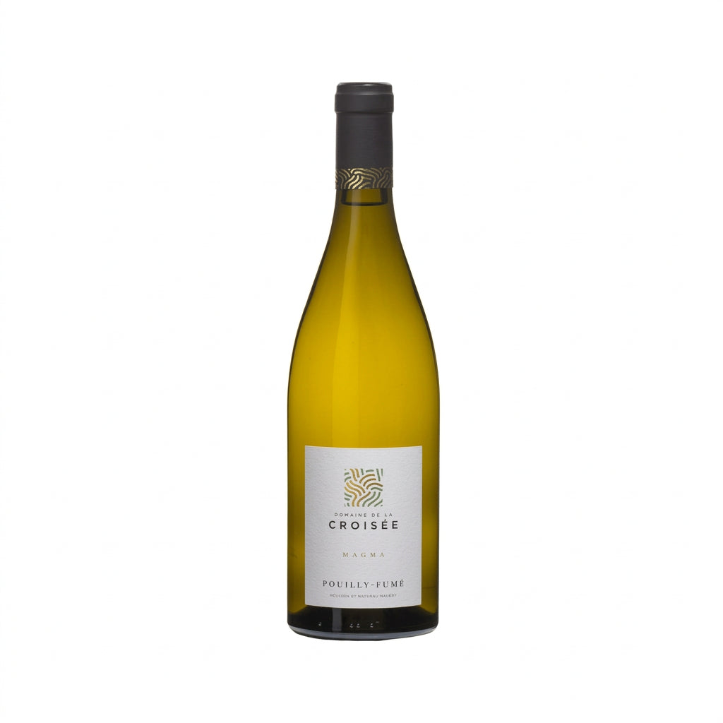 Bottle of Domaine La Croisee Magma Pouilly-Fumé wine with label visible, showcasing a white wine from France.