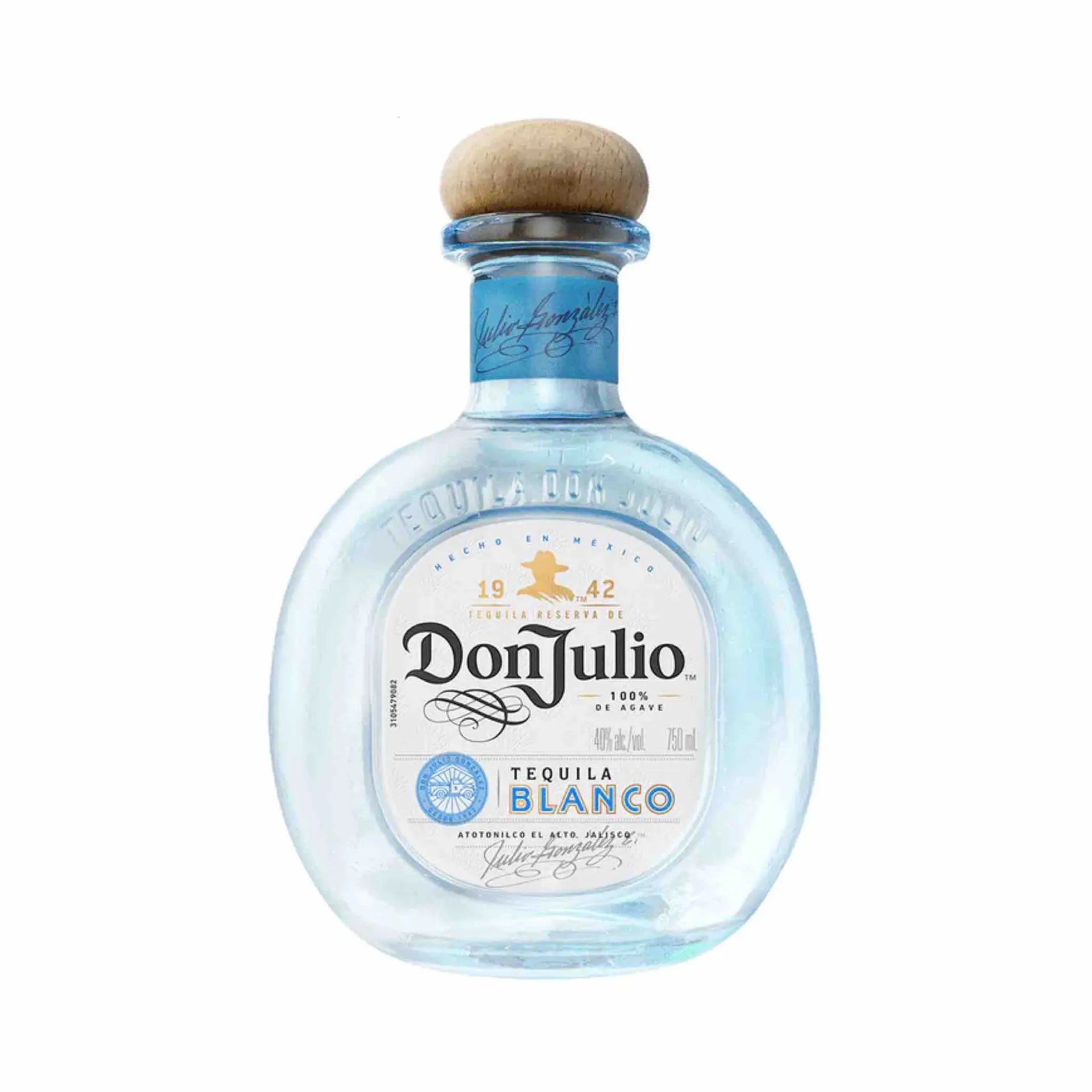 Buy Don Julio Blanco 750mL tequila, clear glass bottle with wooden cap and blue label.