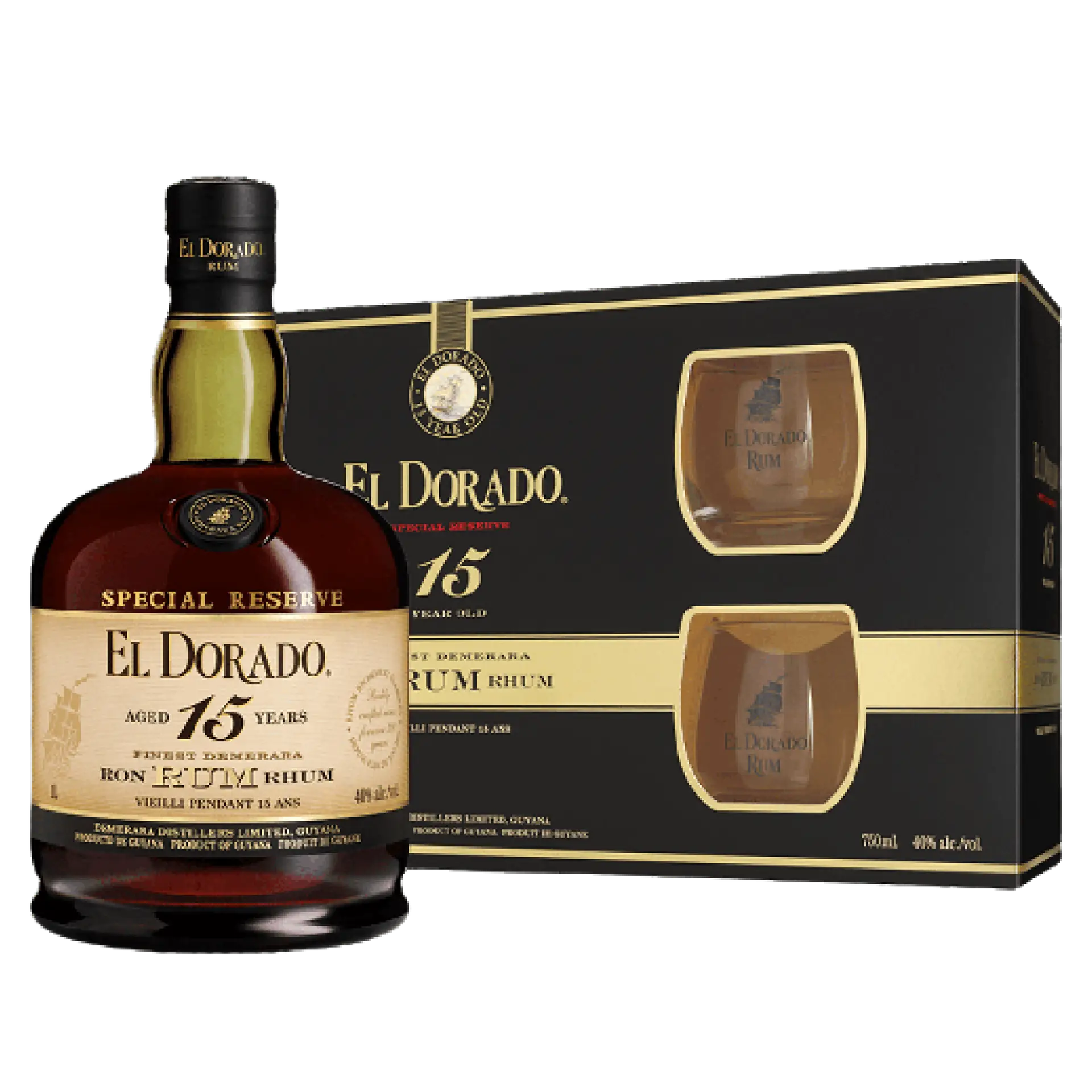 Buy El Dorado 15 Year Rum Gift Pack with bottle and glasses, 750mL special reserve.
