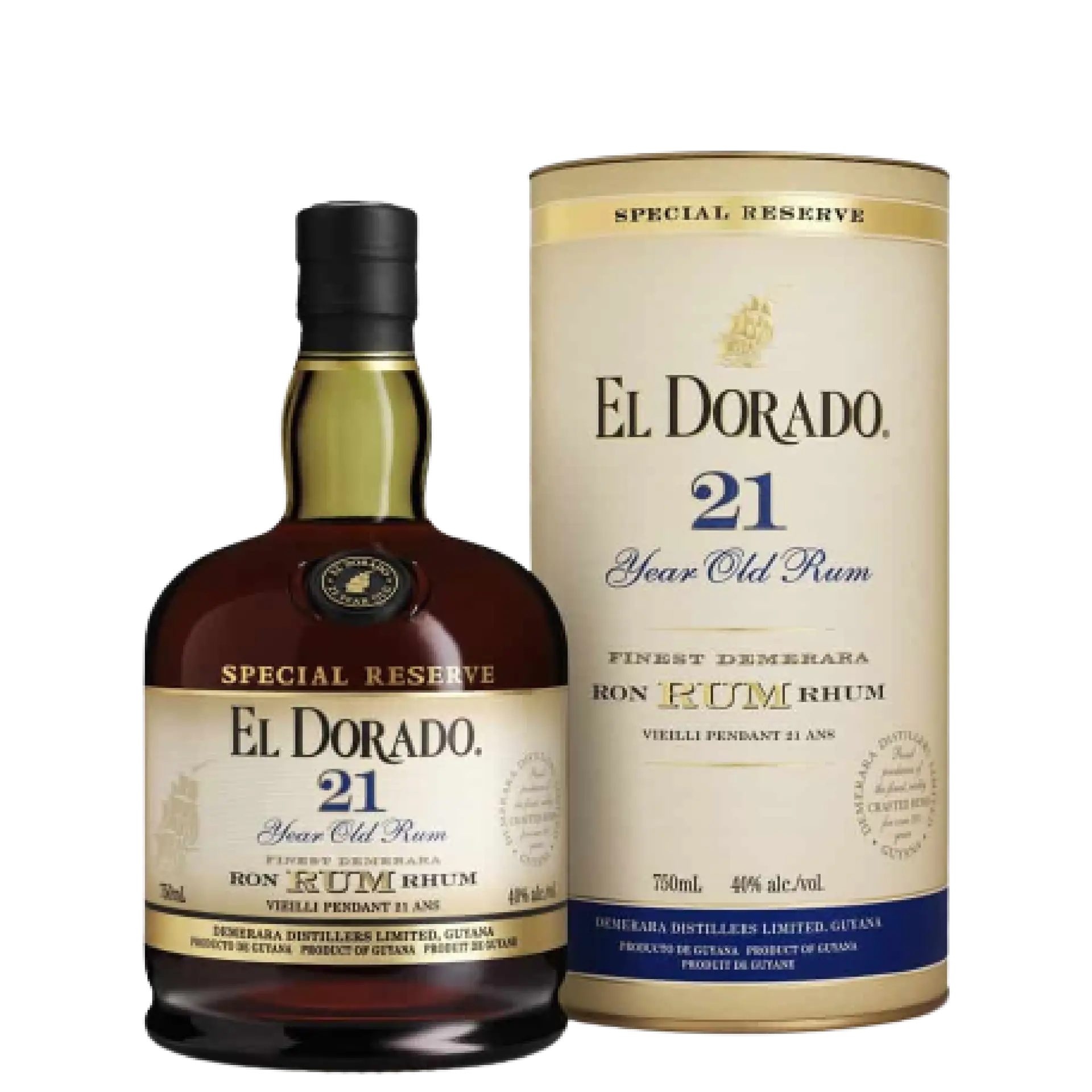 Buy El Dorado 21 Year Old Rum 750mL bottle with box, premium aged rum.