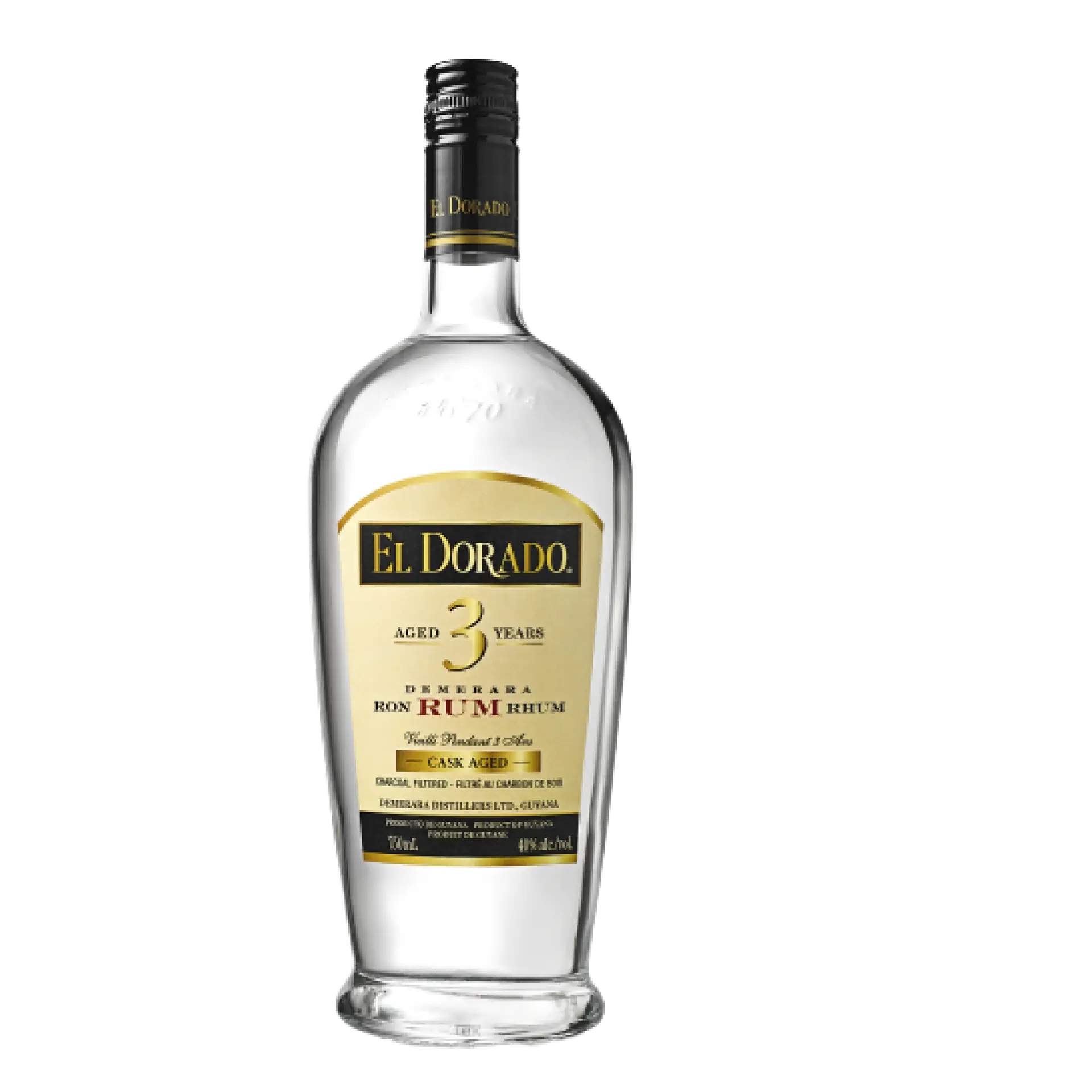 Buy El Dorado 3 Year White Rum 750mL, clear glass bottle with gold and black label