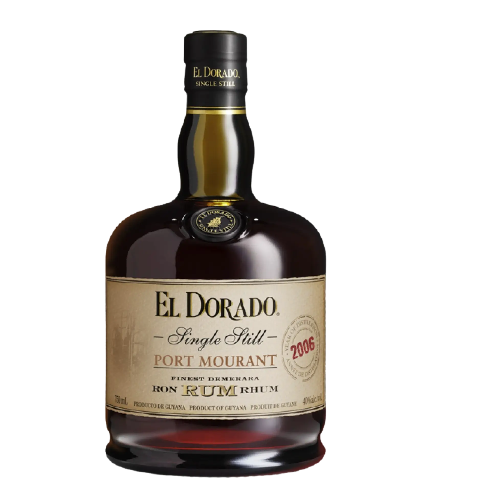 Buy El Dorado Single Still Port Mourant 750mL rum bottle with tan label and gold cap.