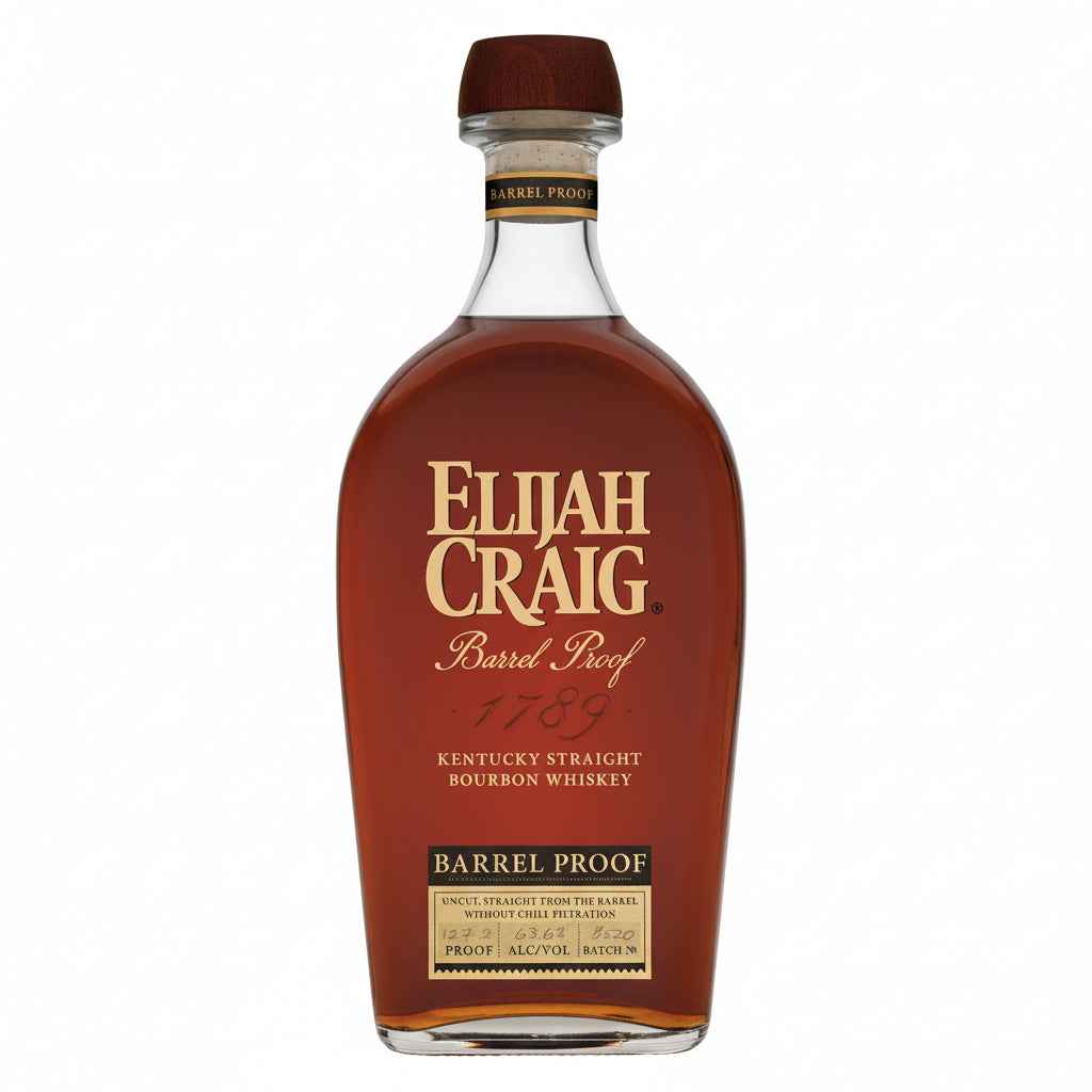 Elijah Craig Barrel Proof bourbon in a 750mL bottle with a clear label, showcasing rich amber color and detailed packaging.