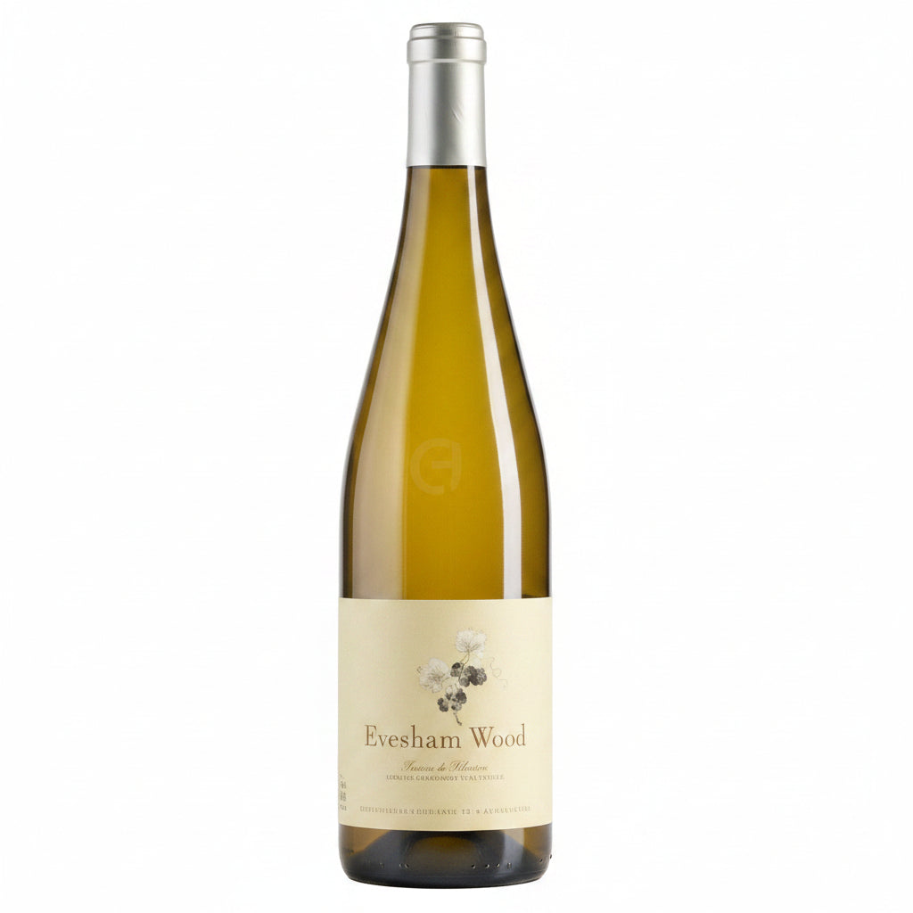 Evesham Wood Blanc Du Puits Sec 750mL bottle, featuring a clear label and cork closure, on a wooden surface.