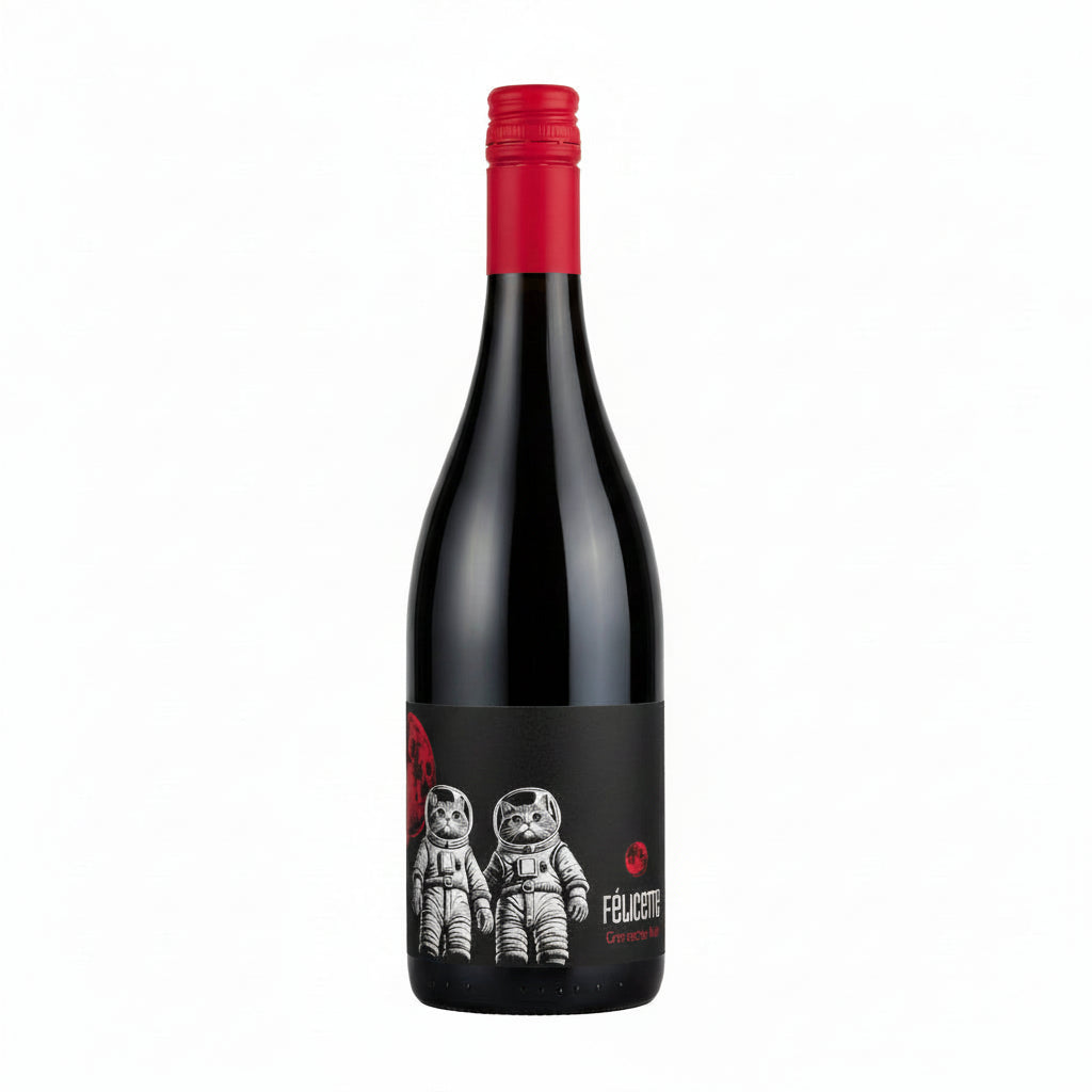 Felicette Cats In Space Red wine bottle from France, featuring a sleek label design with a space-themed motif.