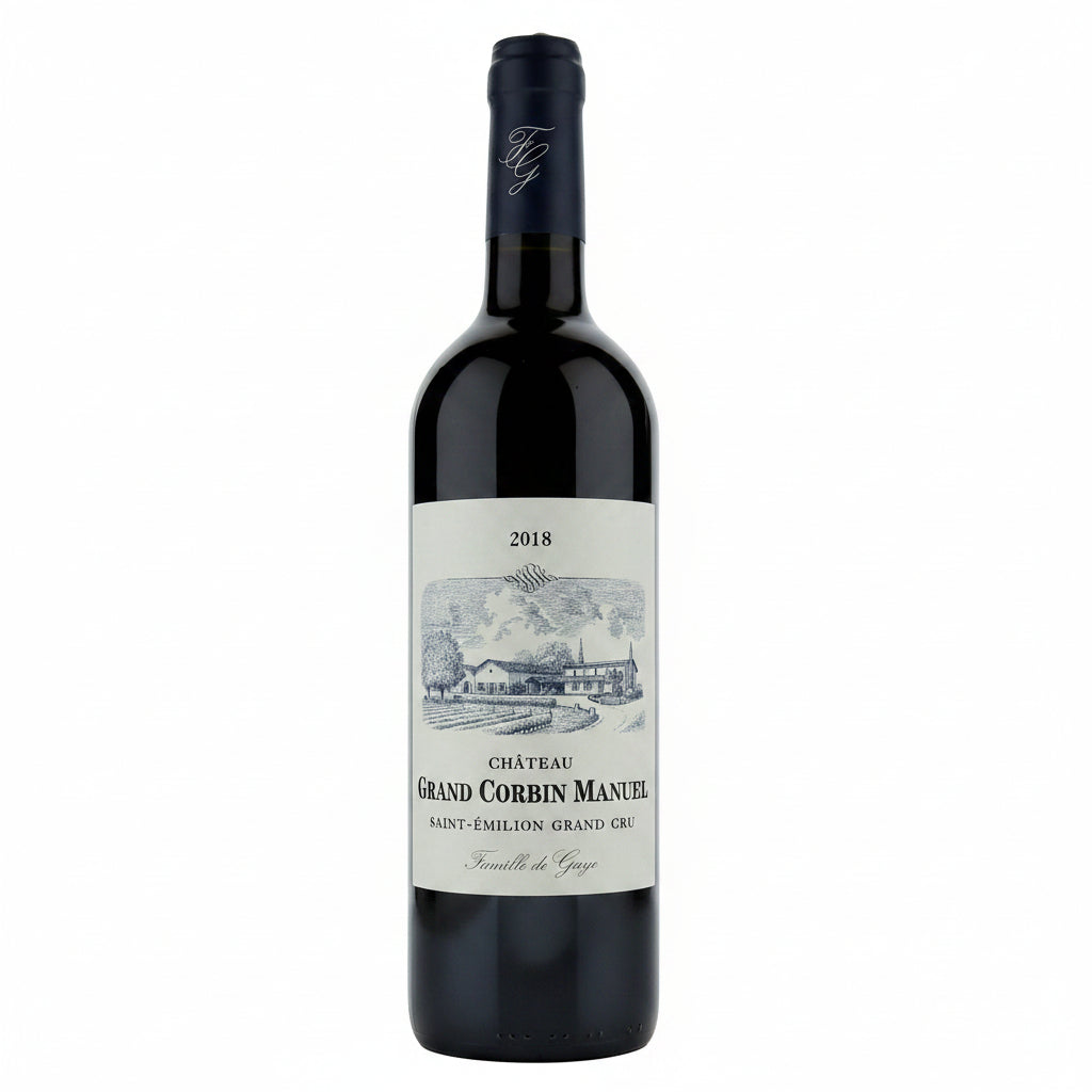Famille De Gaye Chateau Grand Corbin Manuel 2018 wine bottle with label and elegant packaging, French red wine from Bordeaux.