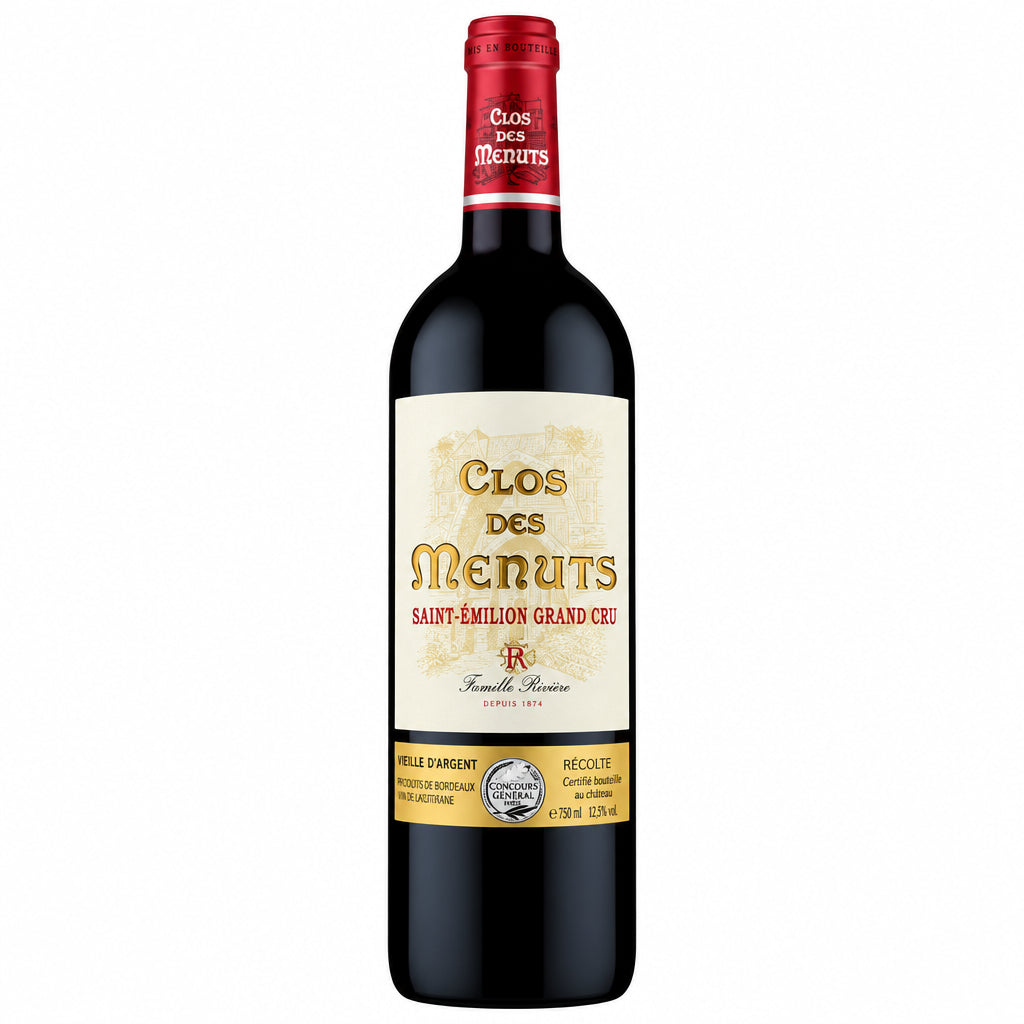 Famille Riviere Chateau Clos Des Menuts Saint Emilion wine bottle with label and elegant packaging.