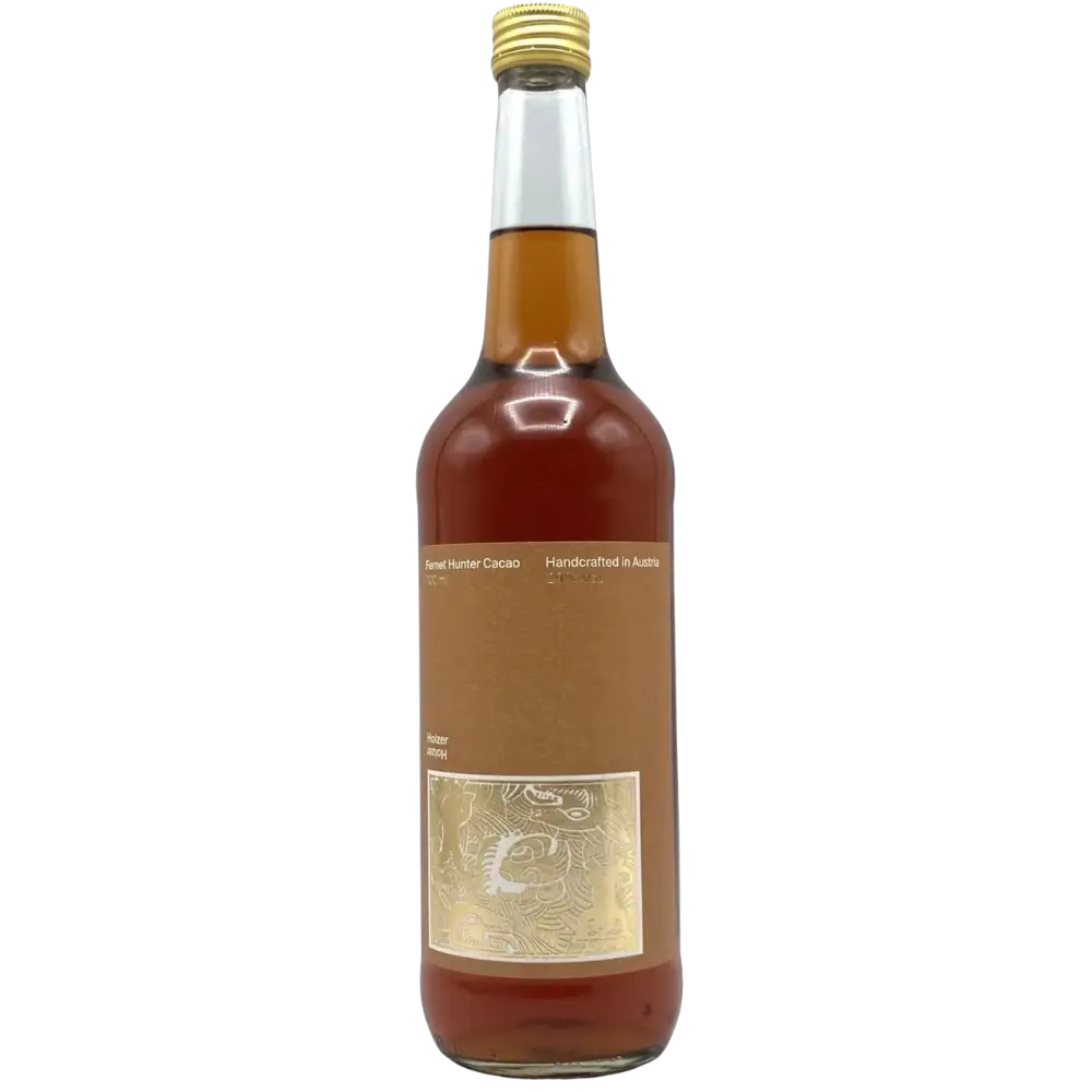 Buy Fernet Hunter Cacao, chocolate herbal liqueur in a clear glass bottle with gold label