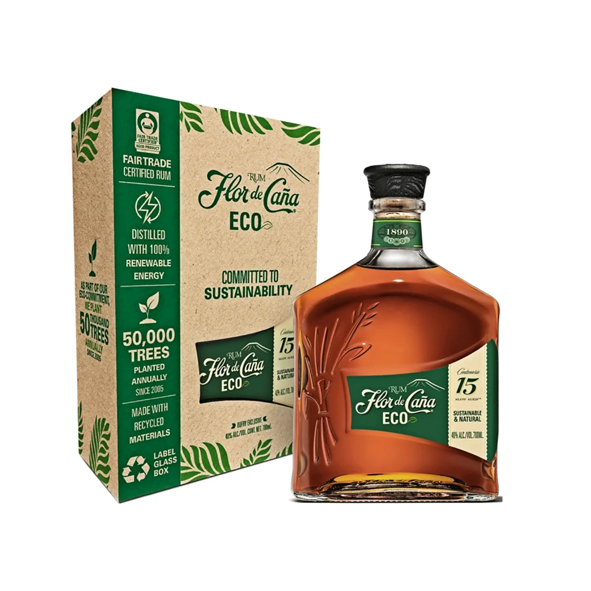 Buy Flor de Caña 15 Year Old Eco rum, sustainable bottle and box packaging