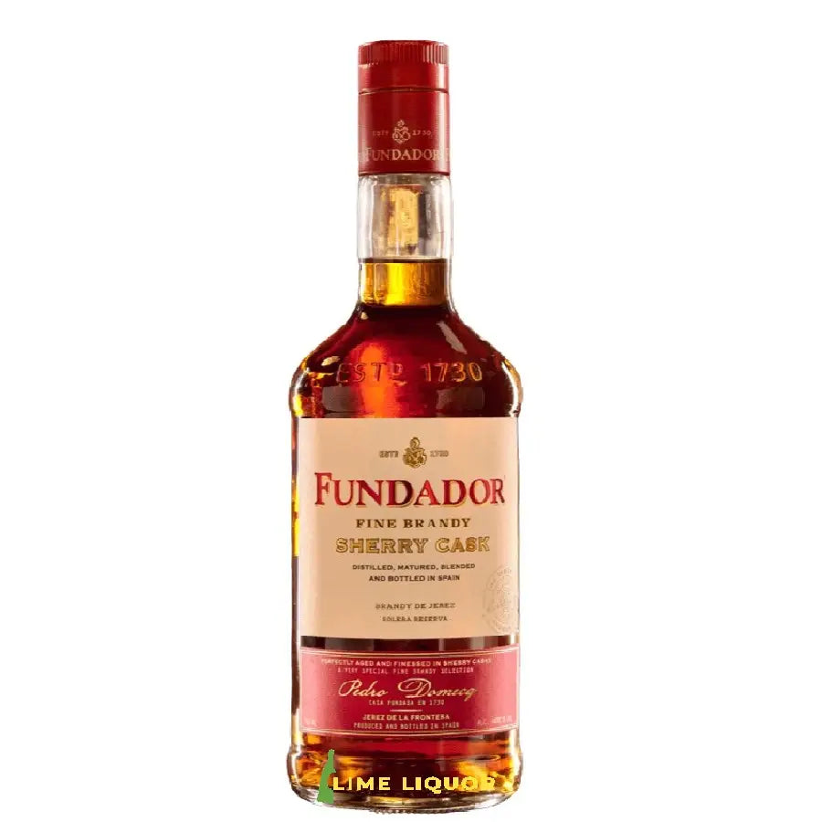Buy Fundador Brandy, fine sherry cask brandy bottle with red and gold label on white background