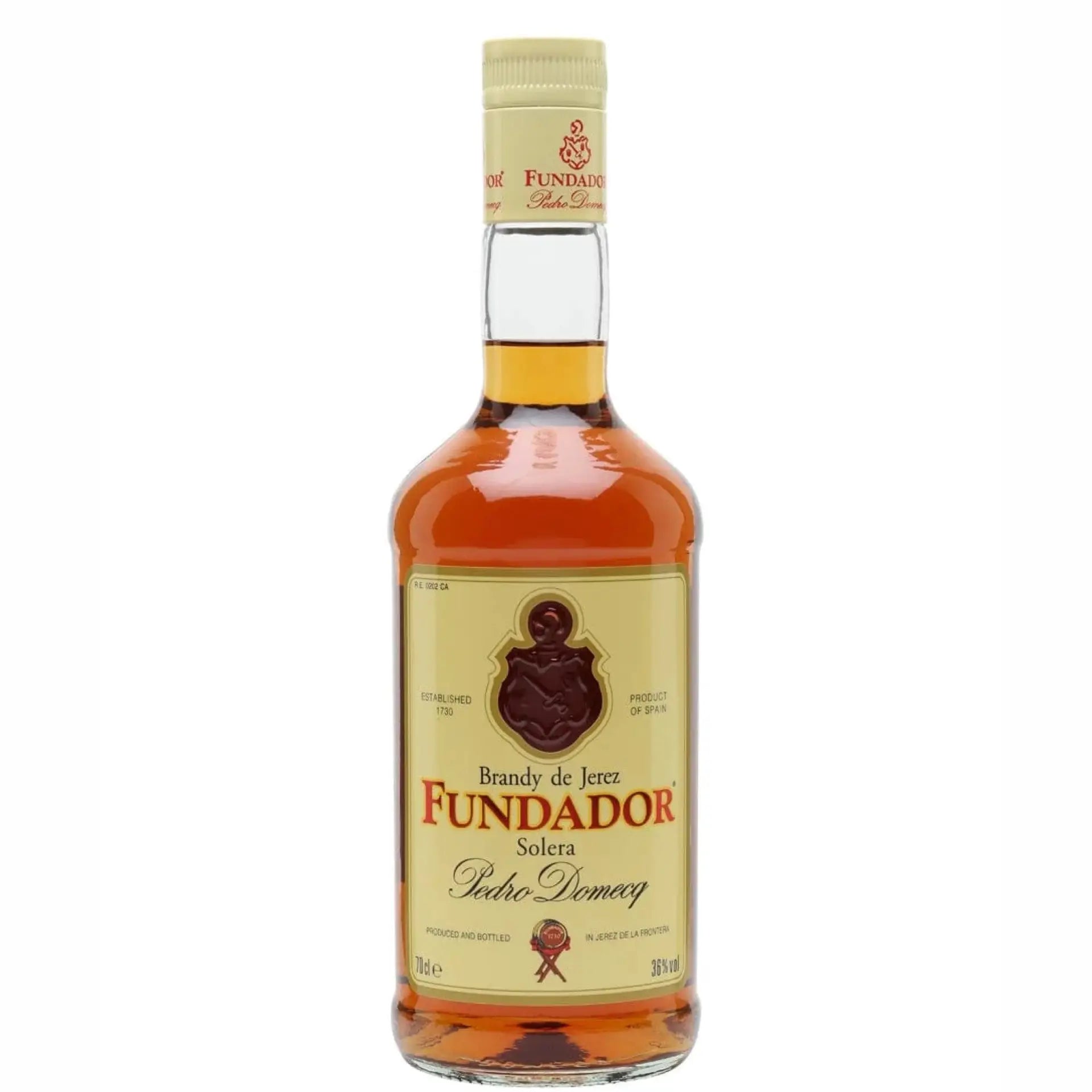 Buy Fundador Brandy, a Spanish brandy in a clear glass bottle with cream label