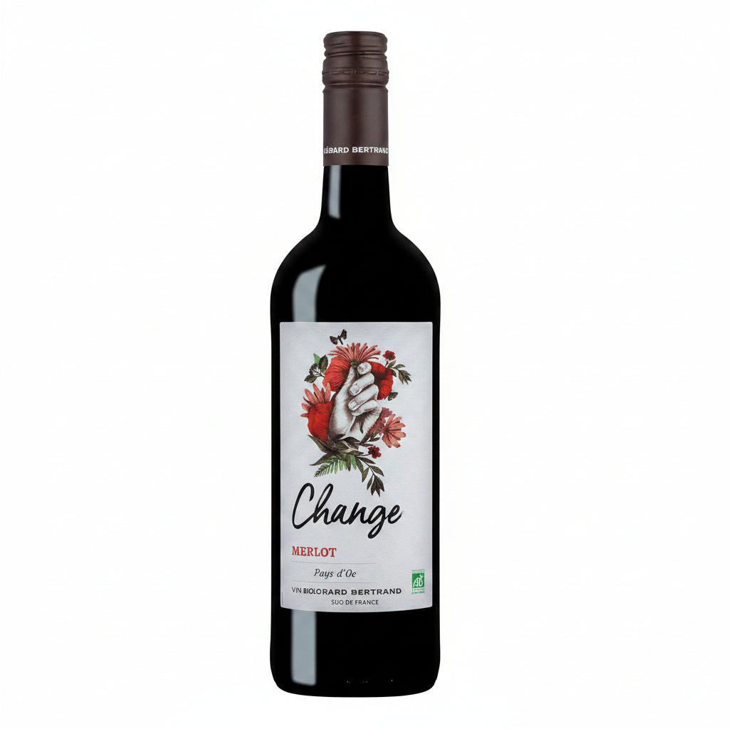 Bottle of Gerard Bertrand Change Organic Merlot wine with a dark glass and elegant label, set against a neutral background.
