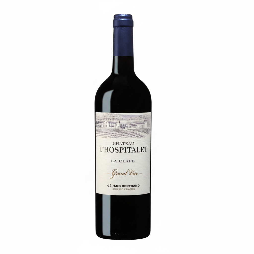Bottle of Gerard Bertrand Chateau L'Hospitalet La Clape Grand Vin Rouge red wine in a glass with a dark label and foil capsule.
