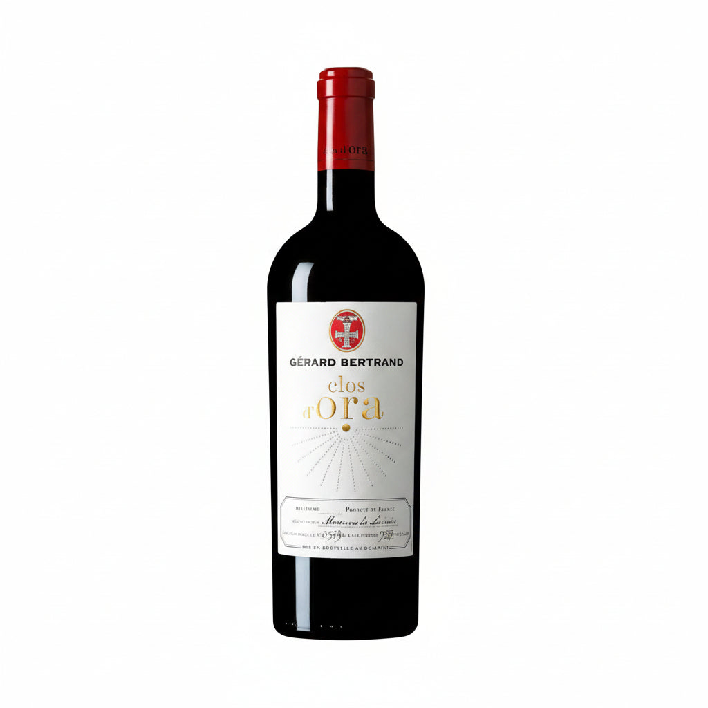 Bottle of Gerard Bertrand Clos d'Ora red wine with label visible, showcasing a dark glass bottle and elegant label design.