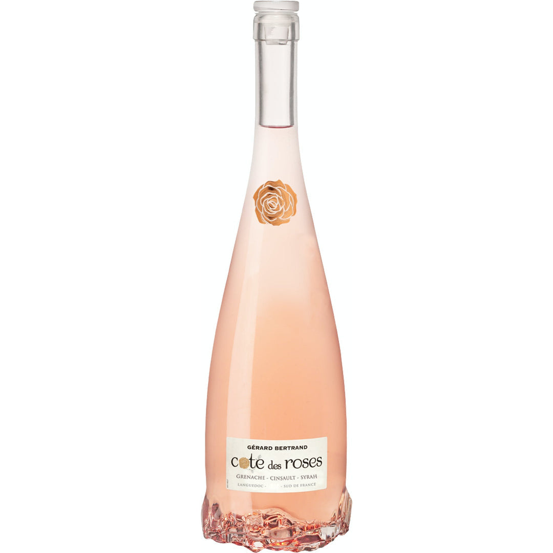 Bottle of Gerard Bertrand Côte des Roses rosé wine in a 750mL bottle with a distinctive pink floral label.