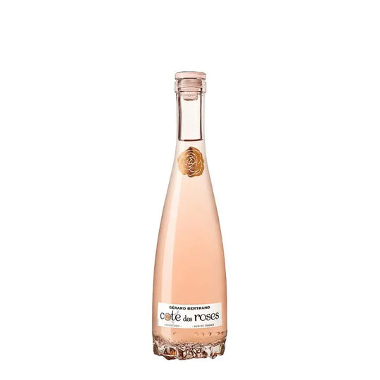 Gerard Bertrand Côte des Roses rosé wine bottle with pink and floral label, 375mL, on a white background.