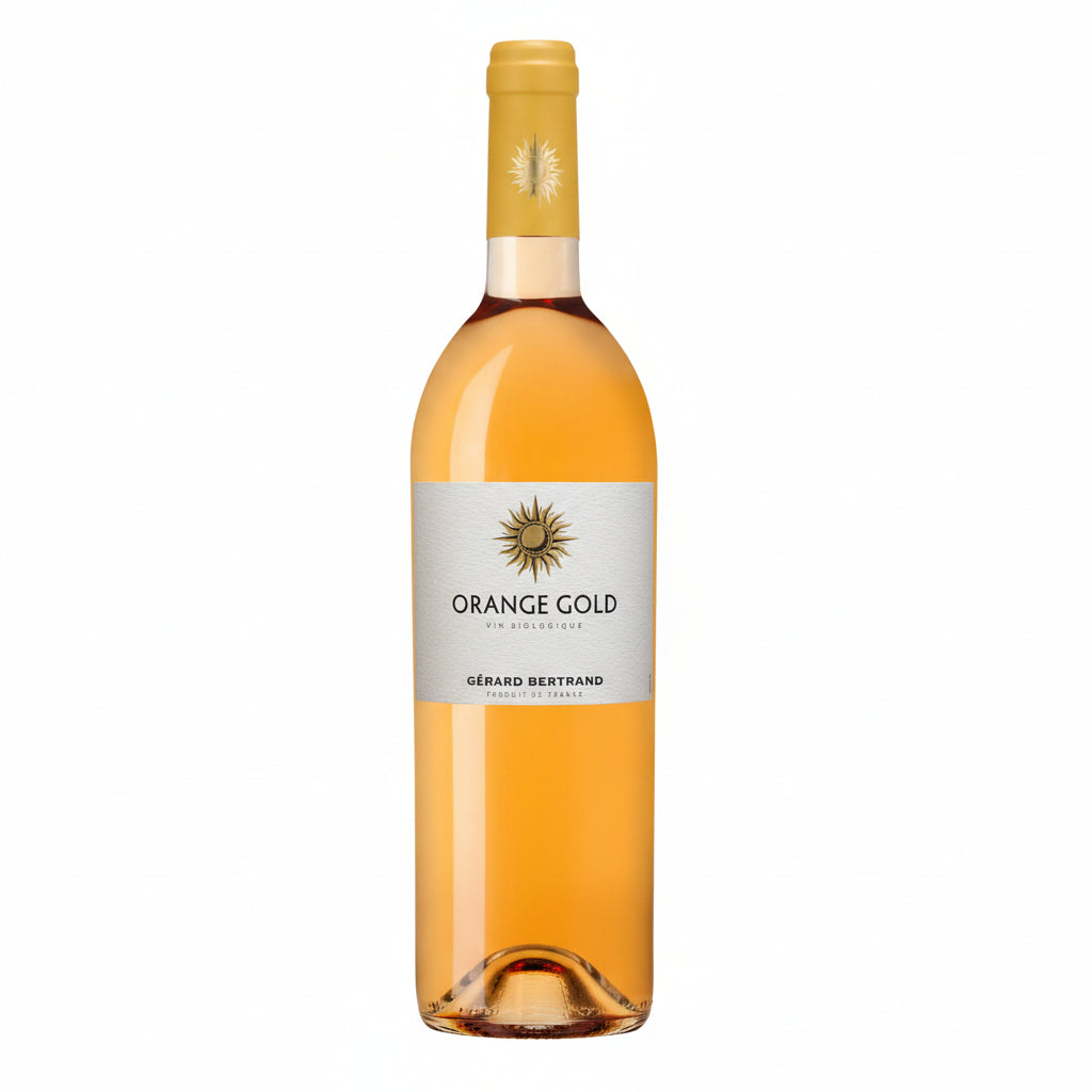 Fresh Gerard Bertrand Orange Gold wine bottle with vibrant label, showcasing a premium orange wine from Gerard.